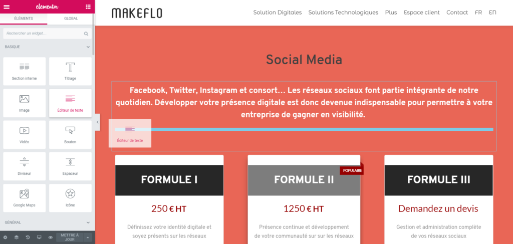 Extrait du site vitrine de Makeflo sous WordPress avec l'utilisation d'Elementor